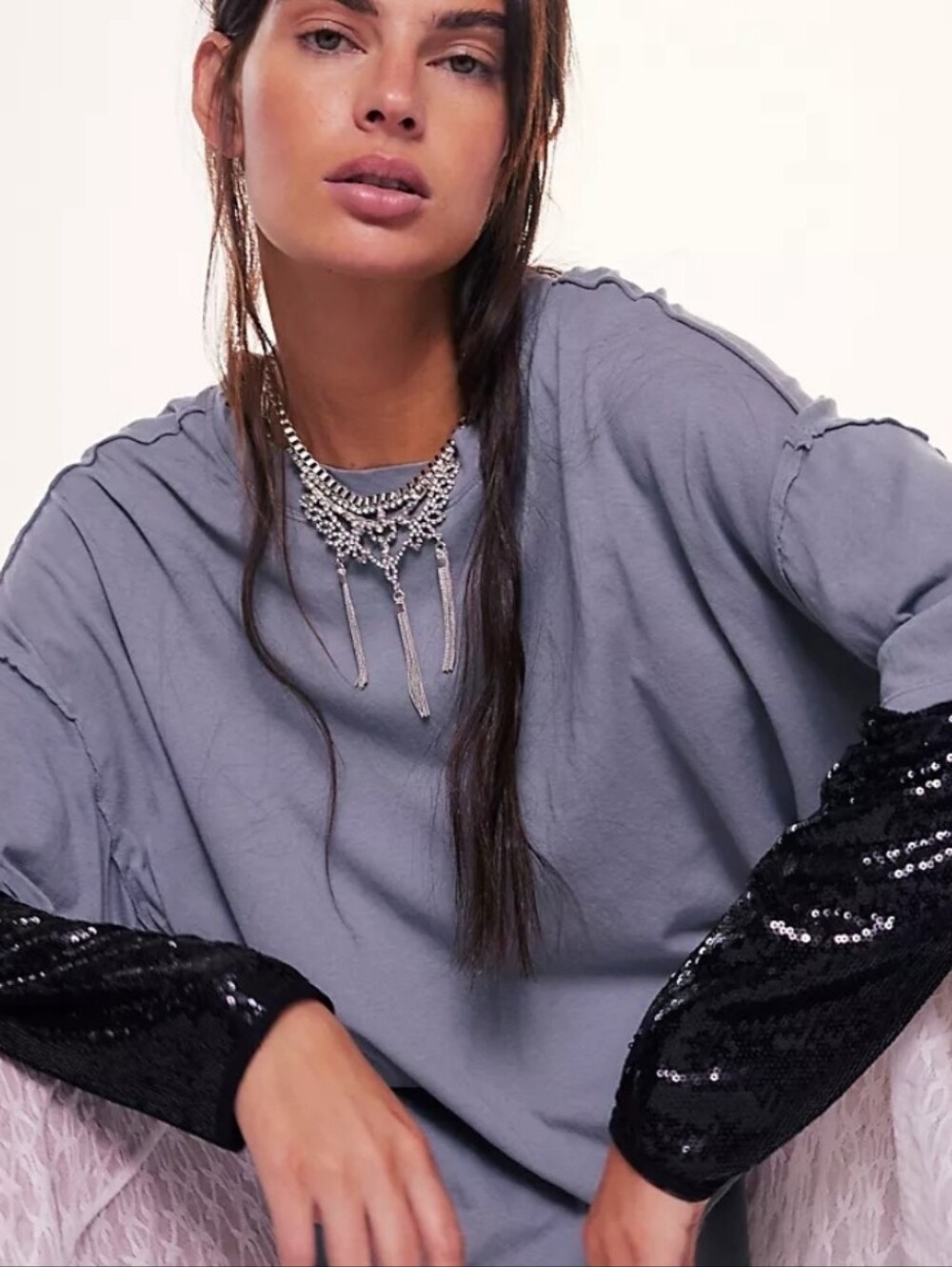 Free People Dusty Gray Sweatshirt with Black Sequin Sleeves XS NWOT
